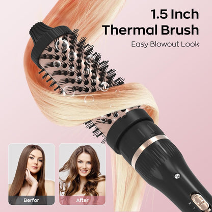 javelove 3 in 1 Curling Iron Set with Thermal Brush (1.5") and 2 Interchangeable Ceramic Curling Wands (0.51"-1"), 2 Temp Heating Setting, Heat Protective Glove & 2 Clips & Storage Bag - Pink