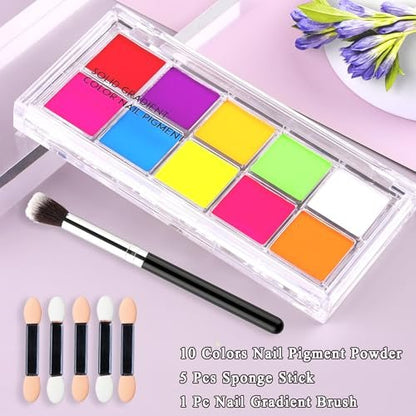 FSpronail Neon Nail Pigment Set 10 Colors - Solid Fluorescent Ombre Powder for Gradient Nail Art, Extra Fine Glitter, Summer Manicure Kit for Beginners with 5 Sponge Sticks & Brush