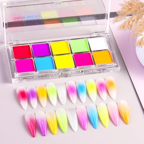 FSpronail Neon Nail Pigment Set 10 Colors - Solid Fluorescent Ombre Powder for Gradient Nail Art, Extra Fine Glitter, Summer Manicure Kit for Beginners with 5 Sponge Sticks & Brush - görsel 4