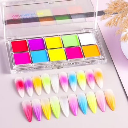 FSpronail Neon Nail Pigment Set 10 Colors - Solid Fluorescent Ombre Powder for Gradient Nail Art, Extra Fine Glitter, Summer Manicure Kit for Beginners with 5 Sponge Sticks & Brush