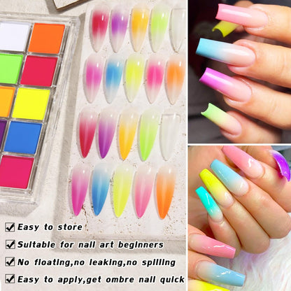 FSpronail Neon Nail Pigment Set 10 Colors - Solid Fluorescent Ombre Powder for Gradient Nail Art, Extra Fine Glitter, Summer Manicure Kit for Beginners with 5 Sponge Sticks & Brush