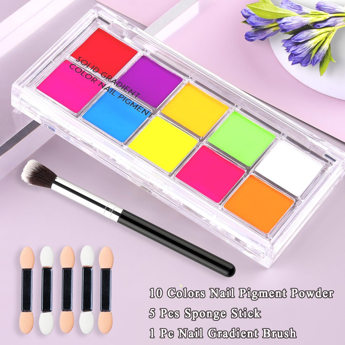 FSpronail Neon Nail Pigment Set 10 Colors - Solid Fluorescent Ombre Powder for Gradient Nail Art, Extra Fine Glitter, Summer Manicure Kit for Beginners with 5 Sponge Sticks & Brush - görsel 9