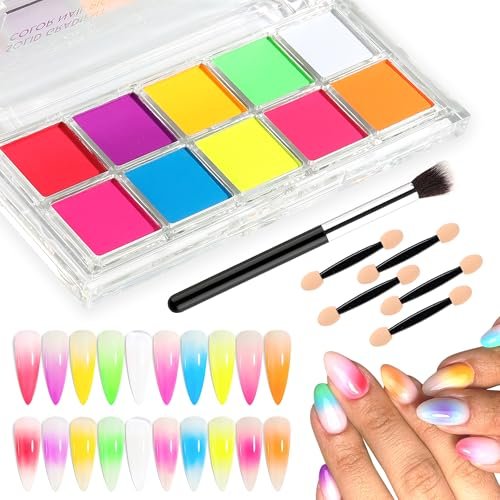 FSpronail Neon Nail Pigment Set 10 Colors - Solid Fluorescent Ombre Powder for Gradient Nail Art, Extra Fine Glitter, Summer Manicure Kit for Beginners with 5 Sponge Sticks & Brush - görsel 2