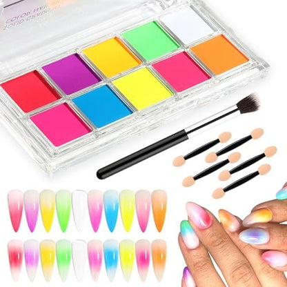 FSpronail Neon Nail Pigment Set 10 Colors - Solid Fluorescent Ombre Powder for Gradient Nail Art, Extra Fine Glitter, Summer Manicure Kit for Beginners with 5 Sponge Sticks & Brush