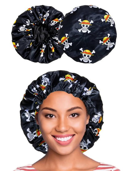 Silk Anime Bonnet for Sleeping – Adjustable Elastic Soft Band, One Size, Black