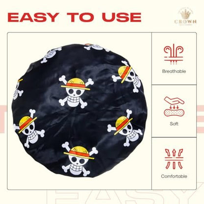 Silk Anime Bonnet for Sleeping – Adjustable Elastic Soft Band, One Size, Black