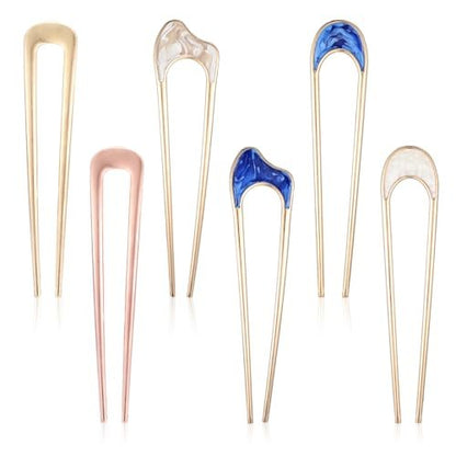 Nogeqi 6 Pcs Metal U Pins for Hair Bun - U Shaped Hair Pins French Twist Hair Pin, Vintage Hair Fork Pin for Women, Gold Silver Chignon Hair Pin for Thick Thin Hair Styles Accessories