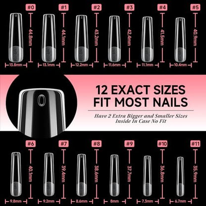 UNA GELLA Long Square Gel Nail Tips XXL - 120 Pcs Pre-Shaped Full Cover Tapered Square Straight Nail Tips for DIY Press On Nails, 12 Sizes, No Filing Needed