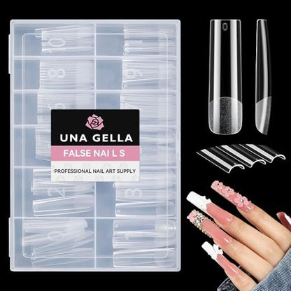 UNA GELLA Long Square Gel Nail Tips XXL - 120 Pcs Pre-Shaped Full Cover Tapered Square Straight Nail Tips for DIY Press On Nails, 12 Sizes, No Filing Needed