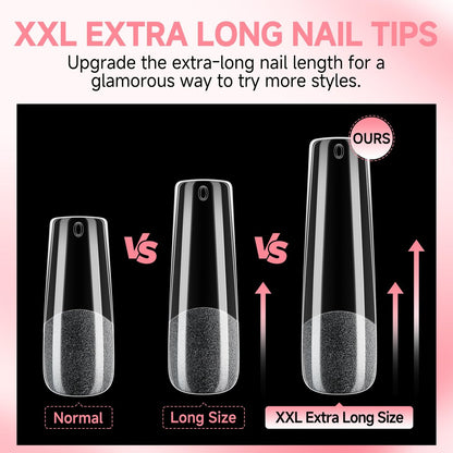UNA GELLA Long Square Gel Nail Tips XXL - 120 Pcs Pre-Shaped Full Cover Tapered Square Straight Nail Tips for DIY Press On Nails, 12 Sizes, No Filing Needed