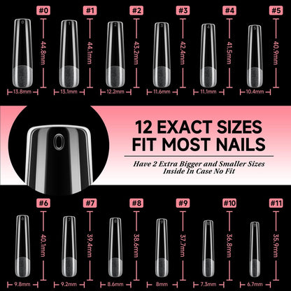 UNA GELLA Long Square Gel Nail Tips XXL - 120 Pcs Pre-Shaped Full Cover Tapered Square Straight Nail Tips for DIY Press On Nails, 12 Sizes, No Filing Needed