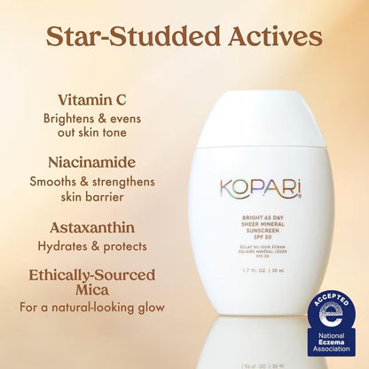 Kopari Bright as Day Sheer Mineral Sunscreen SPF 50 – 100% Mineral Face Sunscreen with Vitamin C & Niacinamide, Sheer Finish for All Skin Tones, 1.7 oz Avelisse