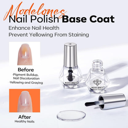 Modelones 2 Pcs No Wipe Top Coat and Base Coat Nail Polish Set - Clear Quick Dry High Shine Long Lasting Glossy Nail Lacquer for Women Nail Art 5 ML