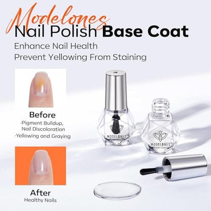Modelones 2 Pcs No Wipe Top Coat and Base Coat Nail Polish Set - Clear Quick Dry High Shine Long Lasting Glossy Nail Lacquer for Women Nail Art 5 ML