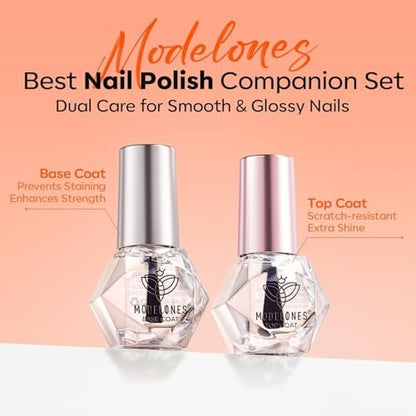 Modelones 2 Pcs No Wipe Top Coat and Base Coat Nail Polish Set - Clear Quick Dry High Shine Long Lasting Glossy Nail Lacquer for Women Nail Art 5 ML