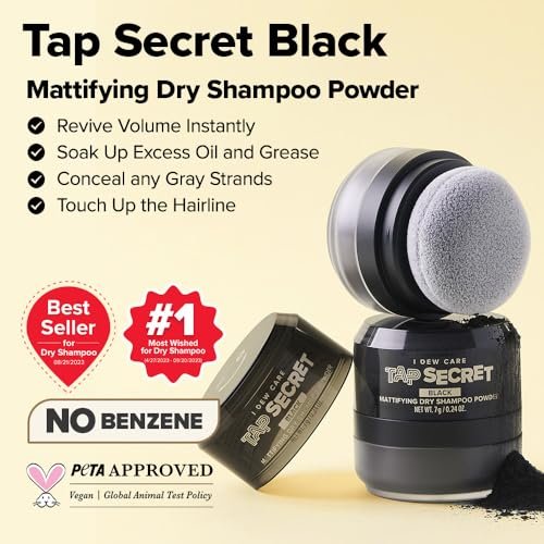 I DEW CARE Biotin Clarifying Dry Shampoo - Tap Secret Black | Strengthening & Volumizing, Powder Type, Refillable, Travel Size, Non-aerosol, for Brunette Hair, Korean Ginseng, 0.24 Oz Avelisse