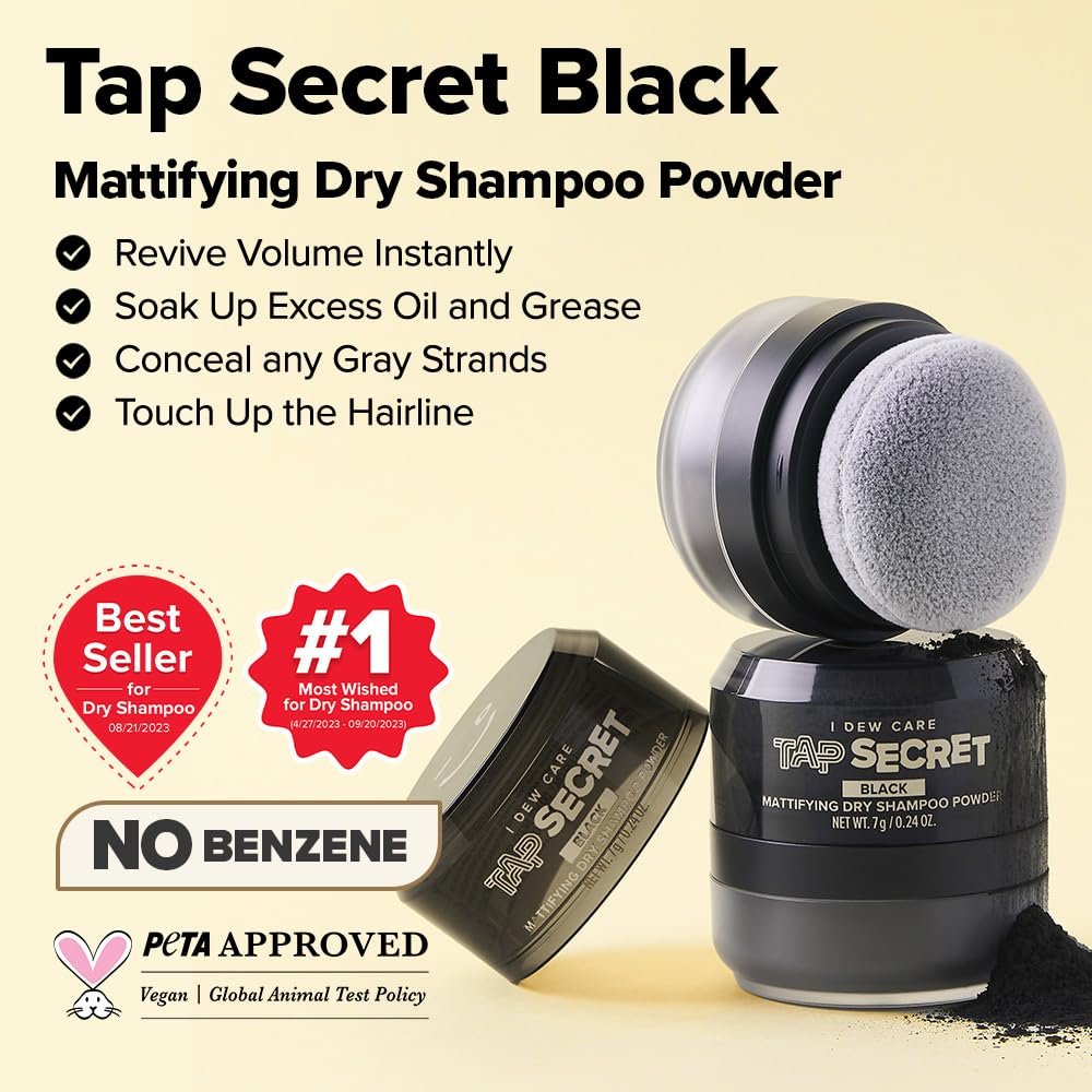 I DEW CARE Biotin Clarifying Dry Shampoo - Tap Secret Black | Strengthening & Volumizing, Powder Type, Refillable, Travel Size, Non-aerosol, for Brunette Hair, Korean Ginseng, 0.24 Oz Avelisse