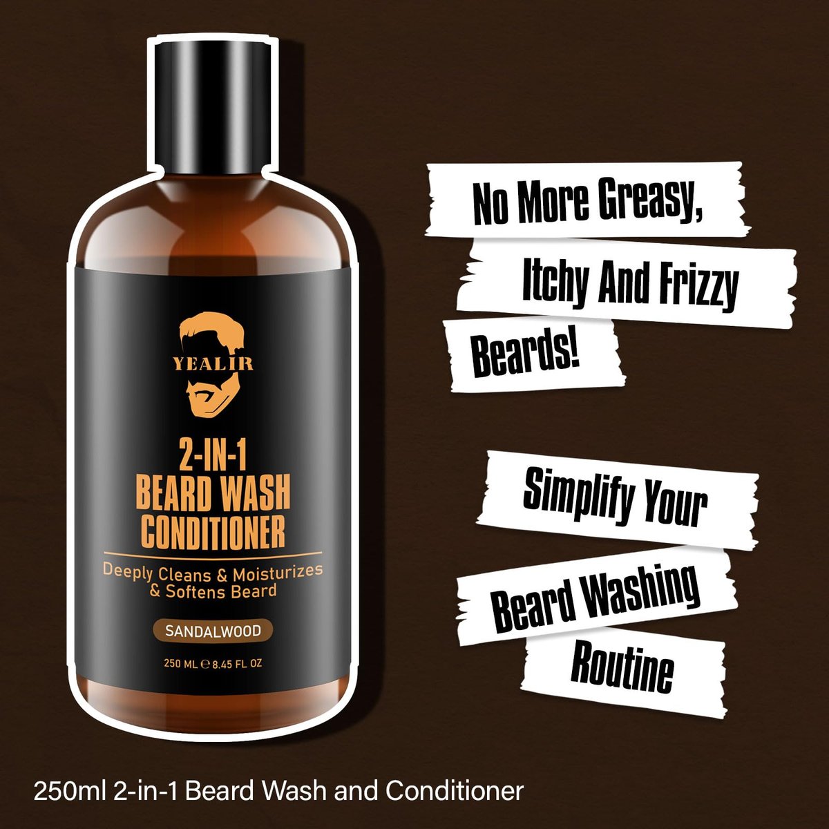 YEALIR 2-in-1 Beard Wash and Conditioner – Cleanse, Hydrate & Soften Dry, Coarse Beard – Sandalwood Scent, 8.45 oz - görsel 7