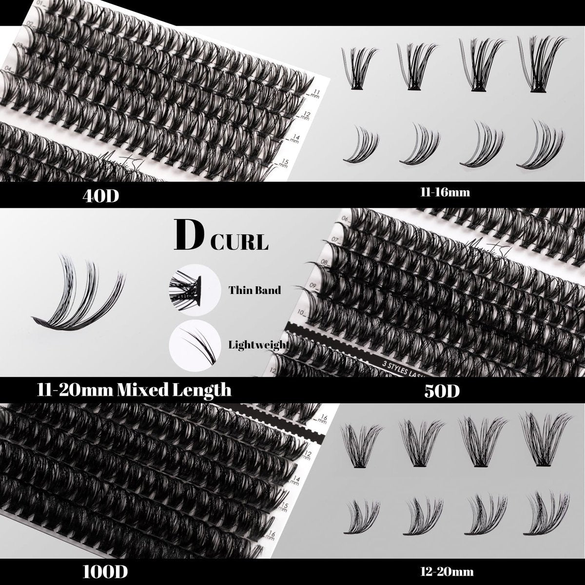 DIY Lash Extensions Kit 320pcs Individual Lashes Clusters 40D 50D 100D with Applicator, Bond & Seal, Remover – Mix 11-20mm (40D+50D+100D Kit) - görsel 3