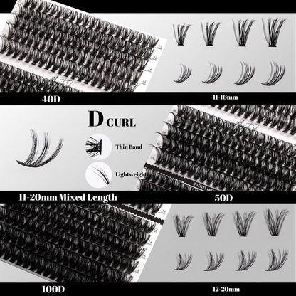 DIY Lash Extensions Kit 320pcs Individual Lashes Clusters 40D 50D 100D with Applicator, Bond & Seal, Remover – Mix 11-20mm (40D+50D+100D Kit)