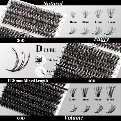 DIY Lash Extensions Kit 320pcs Individual Lashes Clusters 30D 40D 60D with Applicator, Lash Bond & Seal, and Remover - Mix 11-20mm (30D+40D+60D Kit) Avelisse
