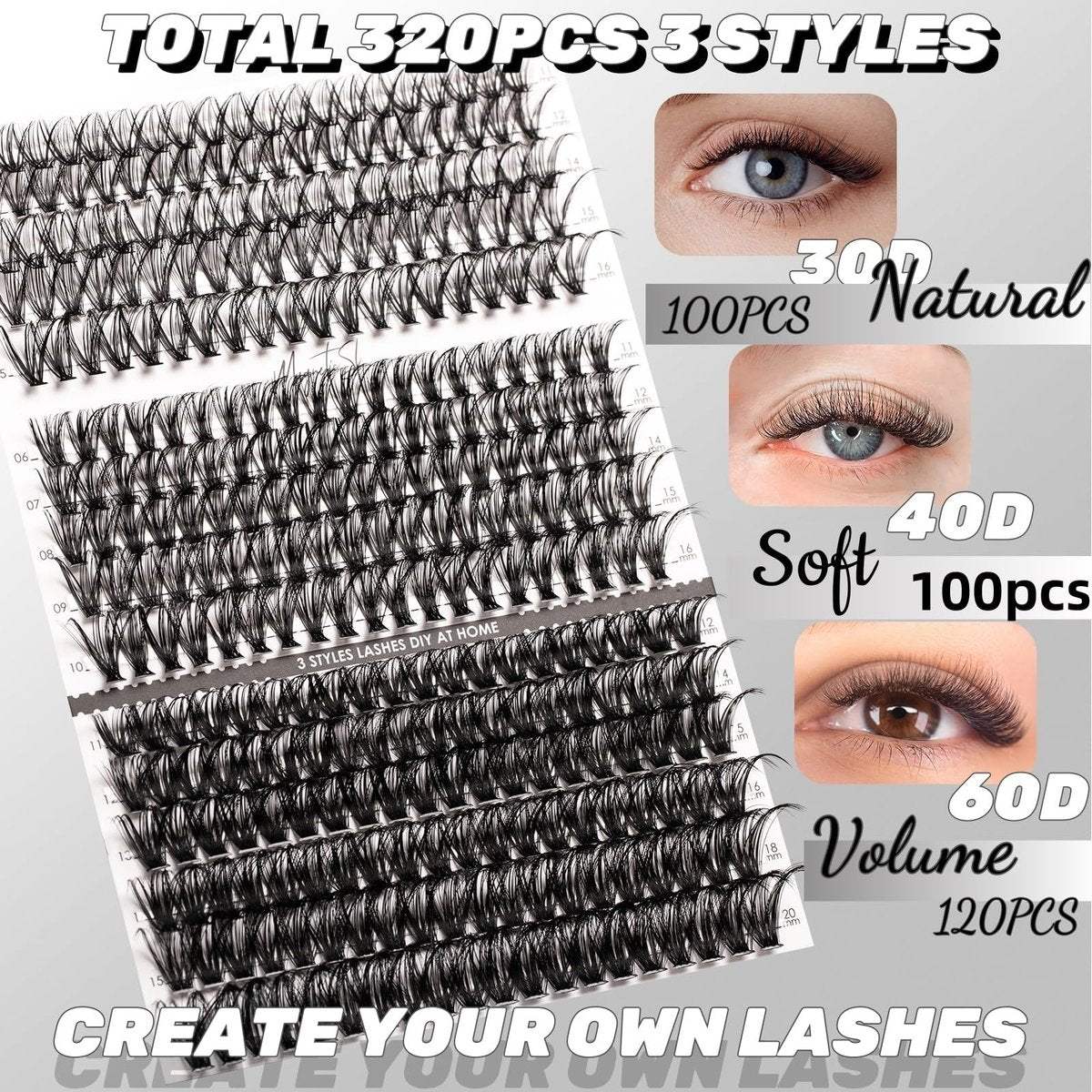 DIY Lash Extensions Kit 320pcs Individual Lashes Clusters 30D 40D 60D with Applicator, Lash Bond & Seal, and Remover - Mix 11-20mm (30D+40D+60D Kit) Avelisse