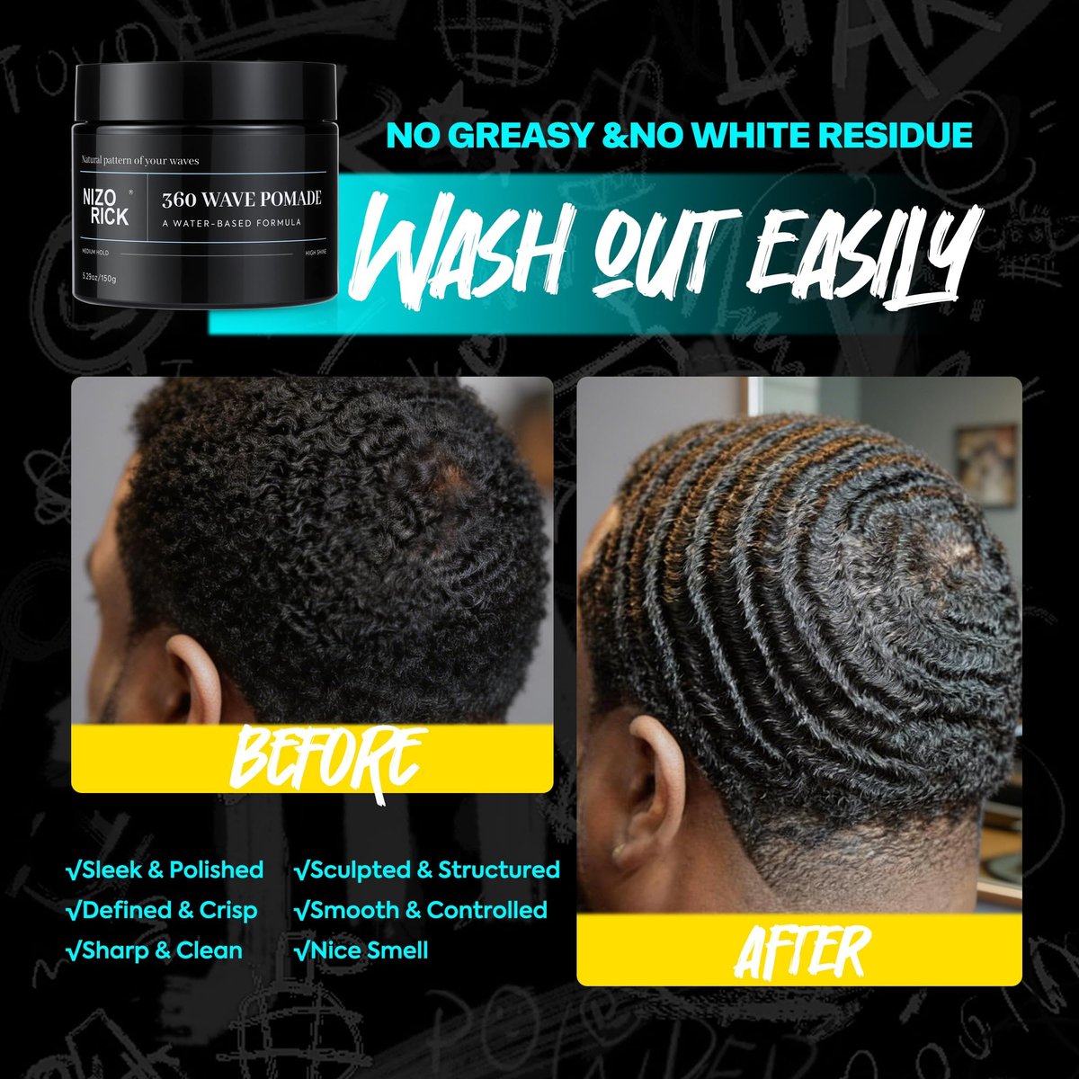 NIZORICK Men's 360 Wave Pomade 150g – Water-Based, Non-Greasy Strong Hold for Layered Waves Avelisse