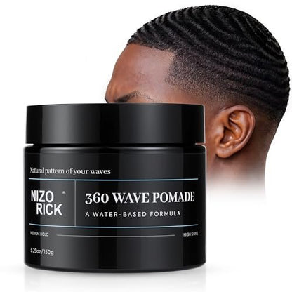 NIZORICK Men's 360 Wave Pomade 150g – Water-Based, Non-Greasy Strong Hold for Layered Waves Avelisse