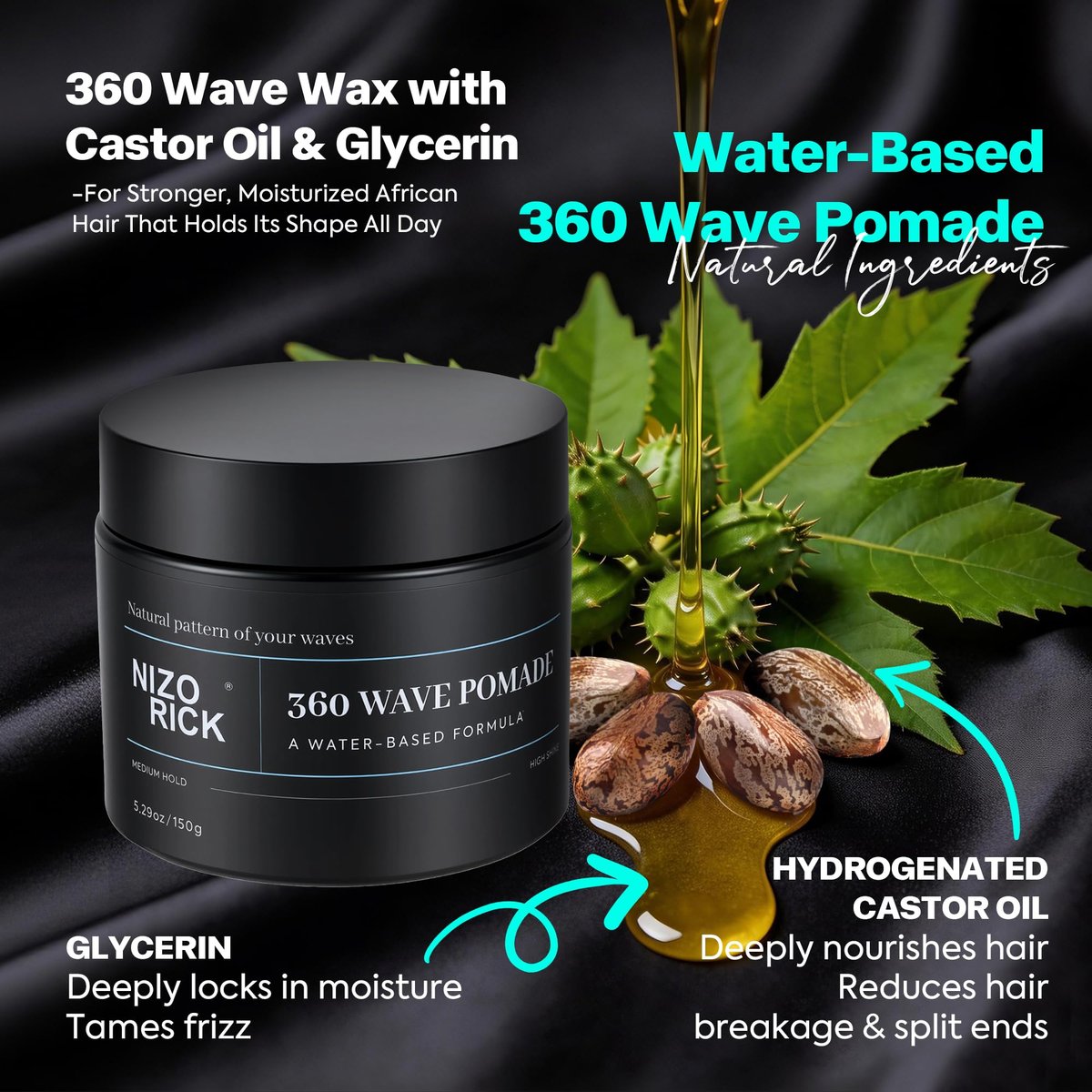 NIZORICK Men's 360 Wave Pomade 150g – Water-Based, Non-Greasy Strong Hold for Layered Waves Avelisse