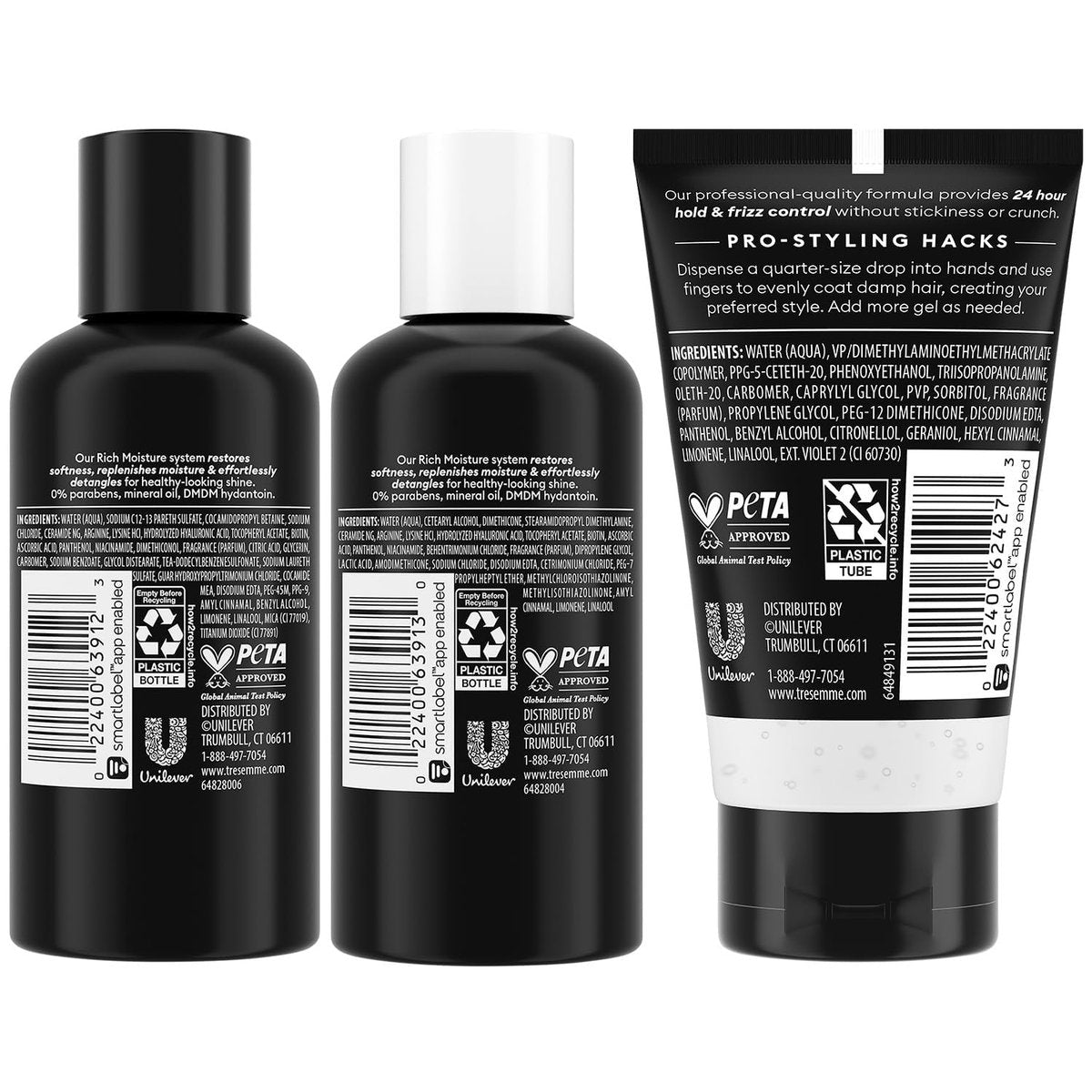 TRESemmé Travel Shampoo, Conditioner & Hair Gel – Rich Moisture Hair Products + Alcohol-Free Styling Gel, 24H Frizz Control (3 Piece Set) - görsel 4