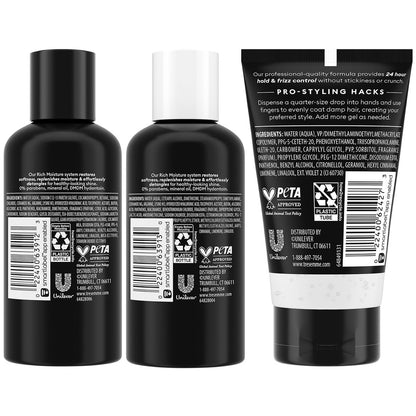 TRESemmé Travel Shampoo, Conditioner & Hair Gel – Rich Moisture Hair Products + Alcohol-Free Styling Gel, 24H Frizz Control (3 Piece Set)