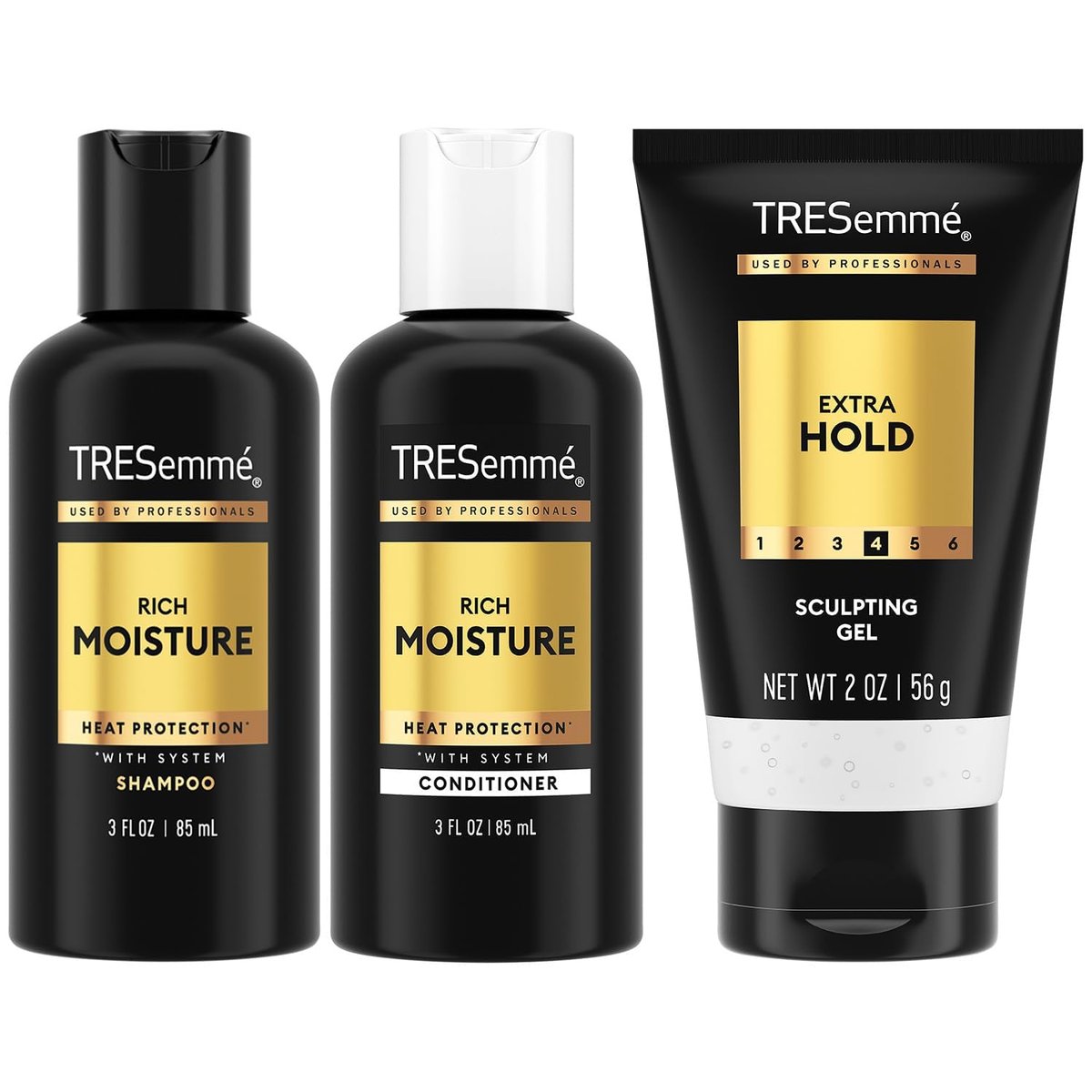 TRESemmé Travel Shampoo, Conditioner & Hair Gel – Rich Moisture Hair Products + Alcohol-Free Styling Gel, 24H Frizz Control (3 Piece Set) - görsel 2
