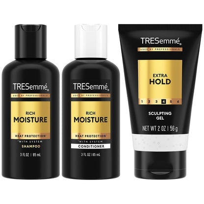 TRESemmé Travel Shampoo, Conditioner & Hair Gel – Rich Moisture Hair Products + Alcohol-Free Styling Gel, 24H Frizz Control (3 Piece Set)
