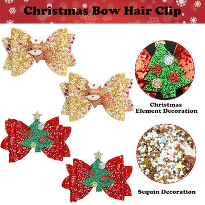 4 Pcs Christmas Hair Clips - Cute Reindeer & Tree Glitter Sequins Barrettes for Women Girls Kids Holiday Party