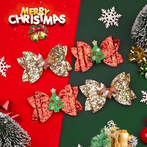 4 Pcs Christmas Hair Clips - Cute Reindeer & Tree Glitter Sequins Barrettes for Women Girls Kids Holiday Party - görsel 4
