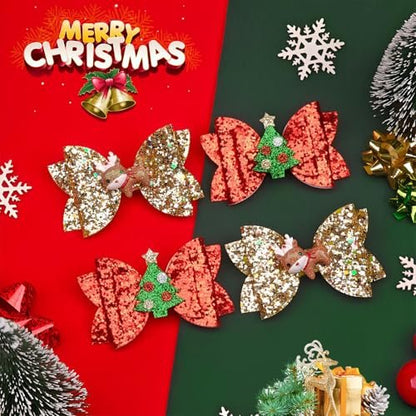 4 Pcs Christmas Hair Clips - Cute Reindeer & Tree Glitter Sequins Barrettes for Women Girls Kids Holiday Party