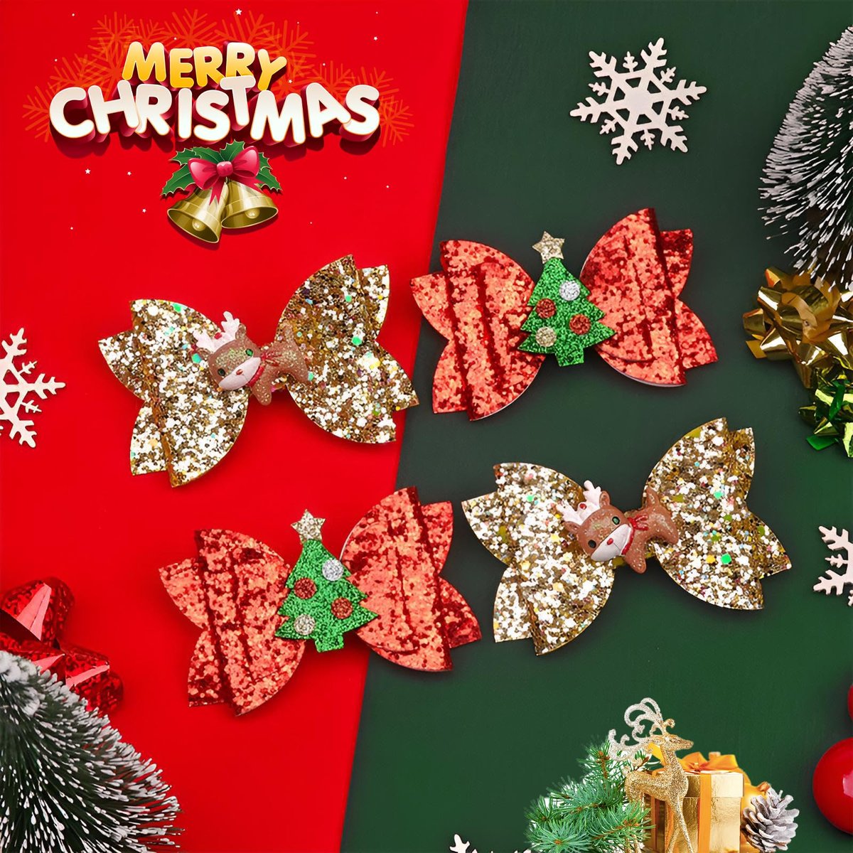 4 Pcs Christmas Hair Clips - Cute Reindeer & Tree Glitter Sequins Barrettes for Women Girls Kids Holiday Party - görsel 3