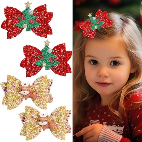 4 Pcs Christmas Hair Clips - Cute Reindeer & Tree Glitter Sequins Barrettes for Women Girls Kids Holiday Party - görsel 2