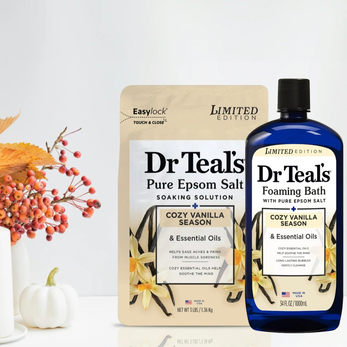 Dr Teal's Cozy Vanilla Season Comfort Pure Epsom Salt Soak and Foaming Bath Duo Pack Avelisse