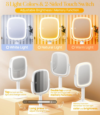 Gospire Rectangle Lighted Makeup Mirror with Lights and 1X/7X Magnifying Mirror, Height Adjustable and 4000mAh Rechargeable for Bedroom, 8.5”x7.4” Large Surface, Stepless Dimming - White Avelisse
