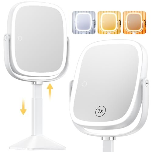 Gospire Rectangle Lighted Makeup Mirror with Lights and 1X/7X Magnifying Mirror, Height Adjustable and 4000mAh Rechargeable for Bedroom, 8.5”x7.4” Large Surface, Stepless Dimming - White Avelisse