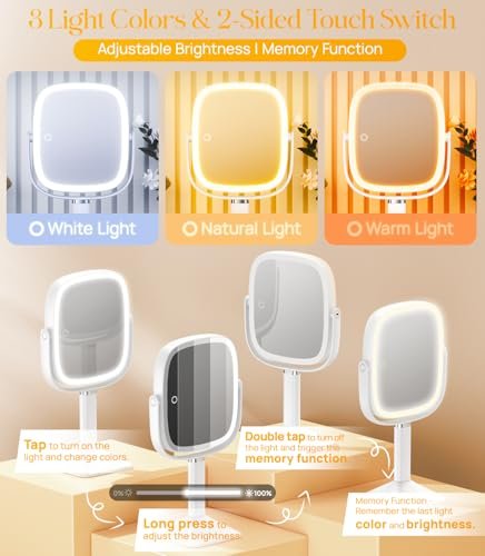 Gospire Rectangle Lighted Makeup Mirror with Lights and 1X/7X Magnifying Mirror, Height Adjustable and 4000mAh Rechargeable for Bedroom, 8.5”x7.4” Large Surface, Stepless Dimming - White Avelisse