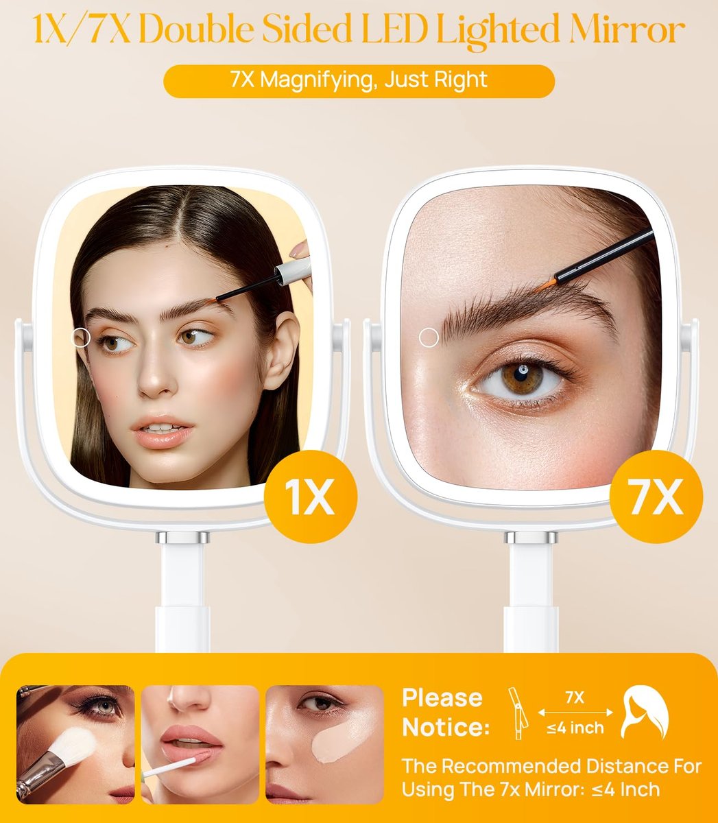 Gospire Rectangle Lighted Makeup Mirror with Lights and 1X/7X Magnifying Mirror, Height Adjustable and 4000mAh Rechargeable for Bedroom, 8.5”x7.4” Large Surface, Stepless Dimming - White Avelisse