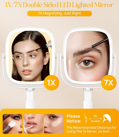 Gospire Rectangle Lighted Makeup Mirror with Lights and 1X/7X Magnifying Mirror, Height Adjustable and 4000mAh Rechargeable for Bedroom, 8.5”x7.4” Large Surface, Stepless Dimming - White Avelisse