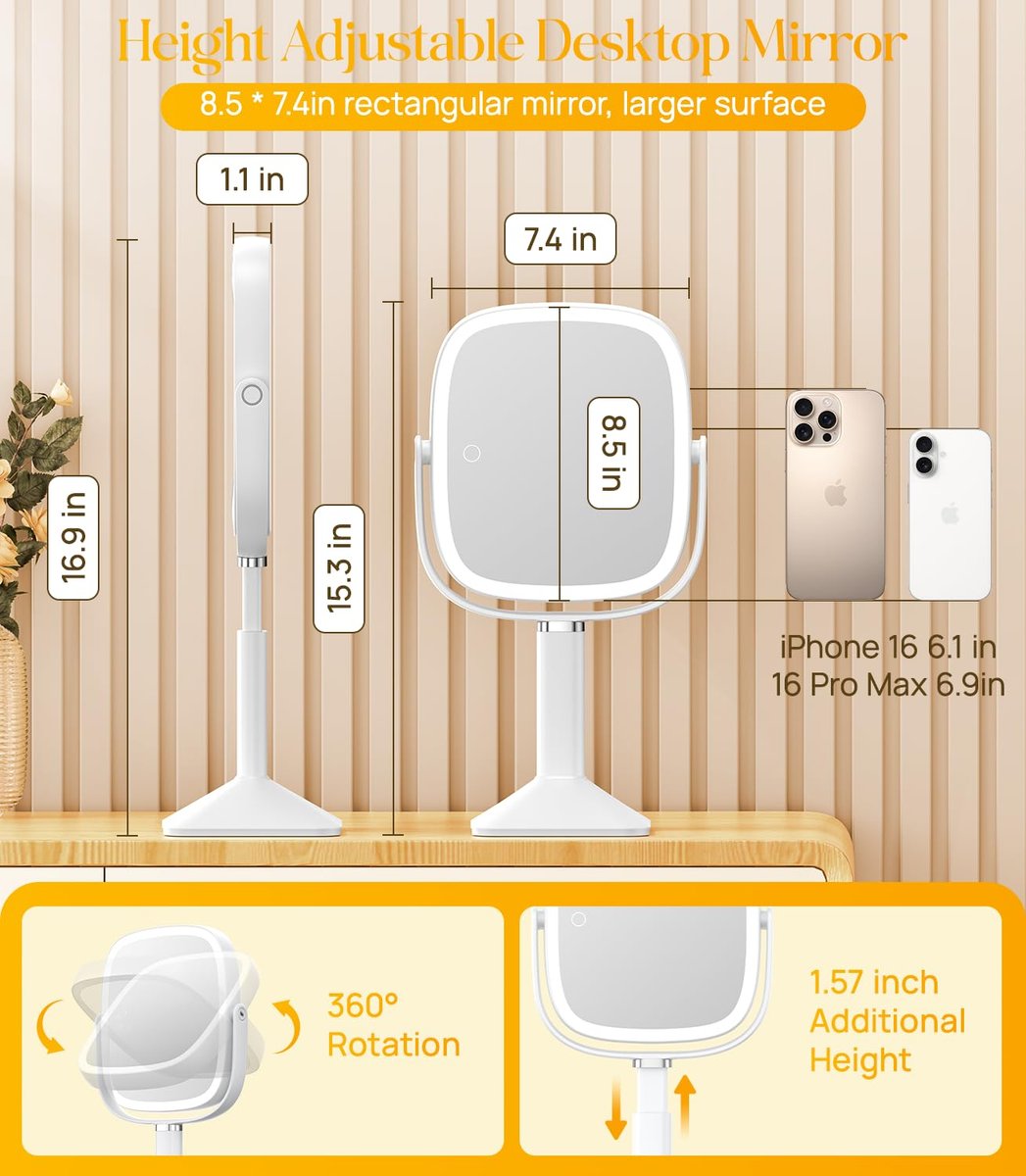 Gospire Rectangle Lighted Makeup Mirror with Lights and 1X/7X Magnifying Mirror, Height Adjustable and 4000mAh Rechargeable for Bedroom, 8.5”x7.4” Large Surface, Stepless Dimming - White Avelisse