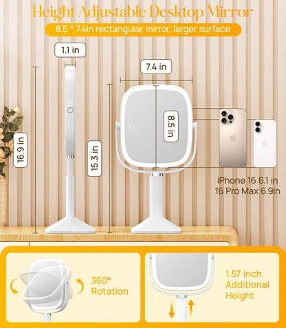 Gospire Rectangle Lighted Makeup Mirror with Lights and 1X/7X Magnifying Mirror, Height Adjustable and 4000mAh Rechargeable for Bedroom, 8.5”x7.4” Large Surface, Stepless Dimming - White Avelisse