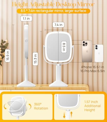 Gospire Rectangle Lighted Makeup Mirror with Lights and 1X/7X Magnifying Mirror, Height Adjustable and 4000mAh Rechargeable for Bedroom, 8.5”x7.4” Large Surface, Stepless Dimming - White Avelisse