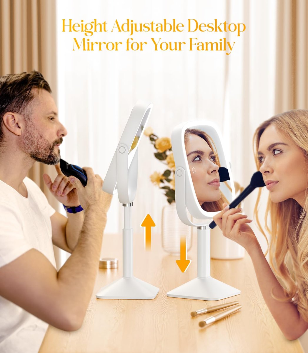 Gospire Rectangle Lighted Makeup Mirror with Lights and 1X/7X Magnifying Mirror, Height Adjustable and 4000mAh Rechargeable for Bedroom, 8.5”x7.4” Large Surface, Stepless Dimming - White Avelisse