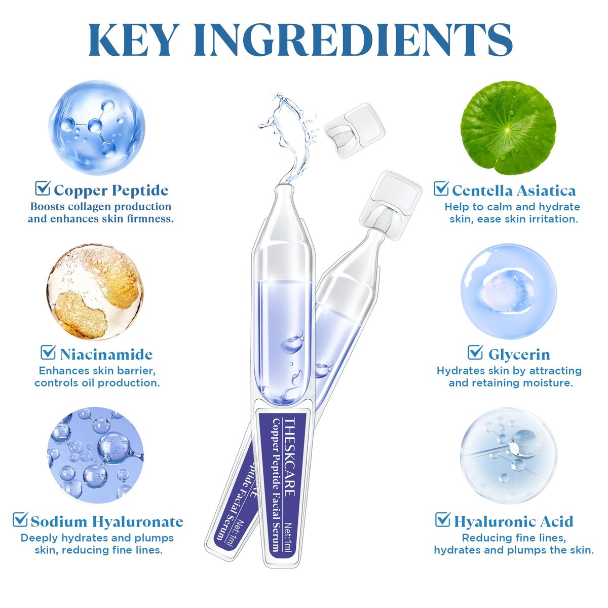 THESKCARE Copper Peptide Serum Ampoule with Niacinamide & Hyaluronic Acid – Hydrating, Anti-Wrinkle, Plumping Face Serum (30 Ampoules, 1.01 Fl Oz) Avelisse