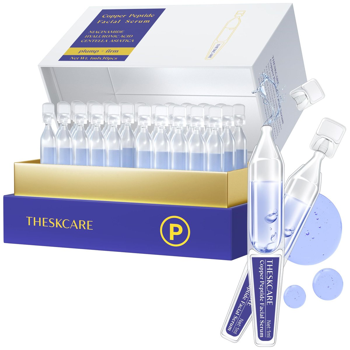 THESKCARE Copper Peptide Serum Ampoule with Niacinamide & Hyaluronic Acid – Hydrating, Anti-Wrinkle, Plumping Face Serum (30 Ampoules, 1.01 Fl Oz) Avelisse